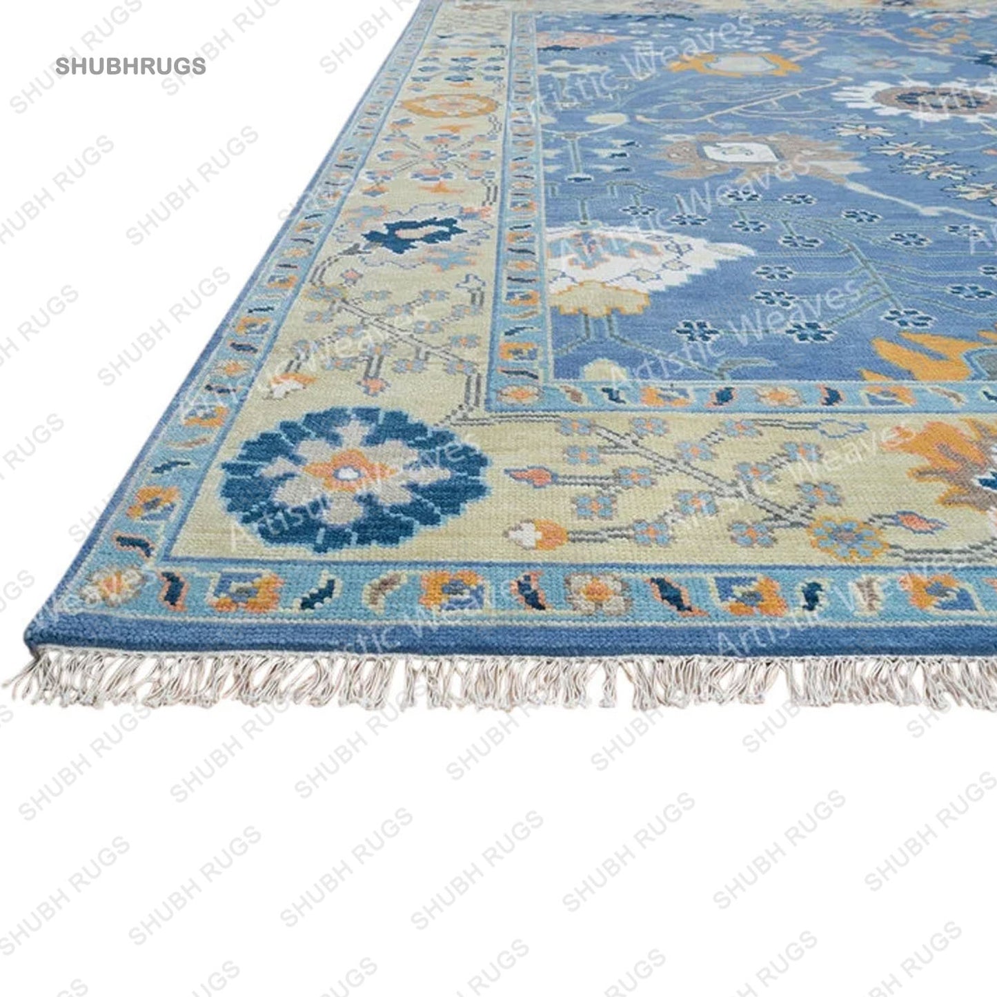 Blue Oushak Rug, Lemon & Orange Accent Turkish Rug, Ivory Area Rug For Living Room: Southern Charm Wool Rug