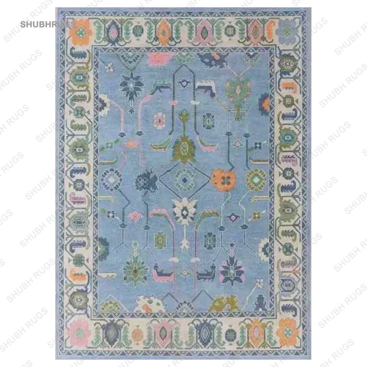 Hand Knotted In Sky Blue & Green Beautiful Turkish Rugs For bedroom Retro Multi Size Wool Area, luxury Rug