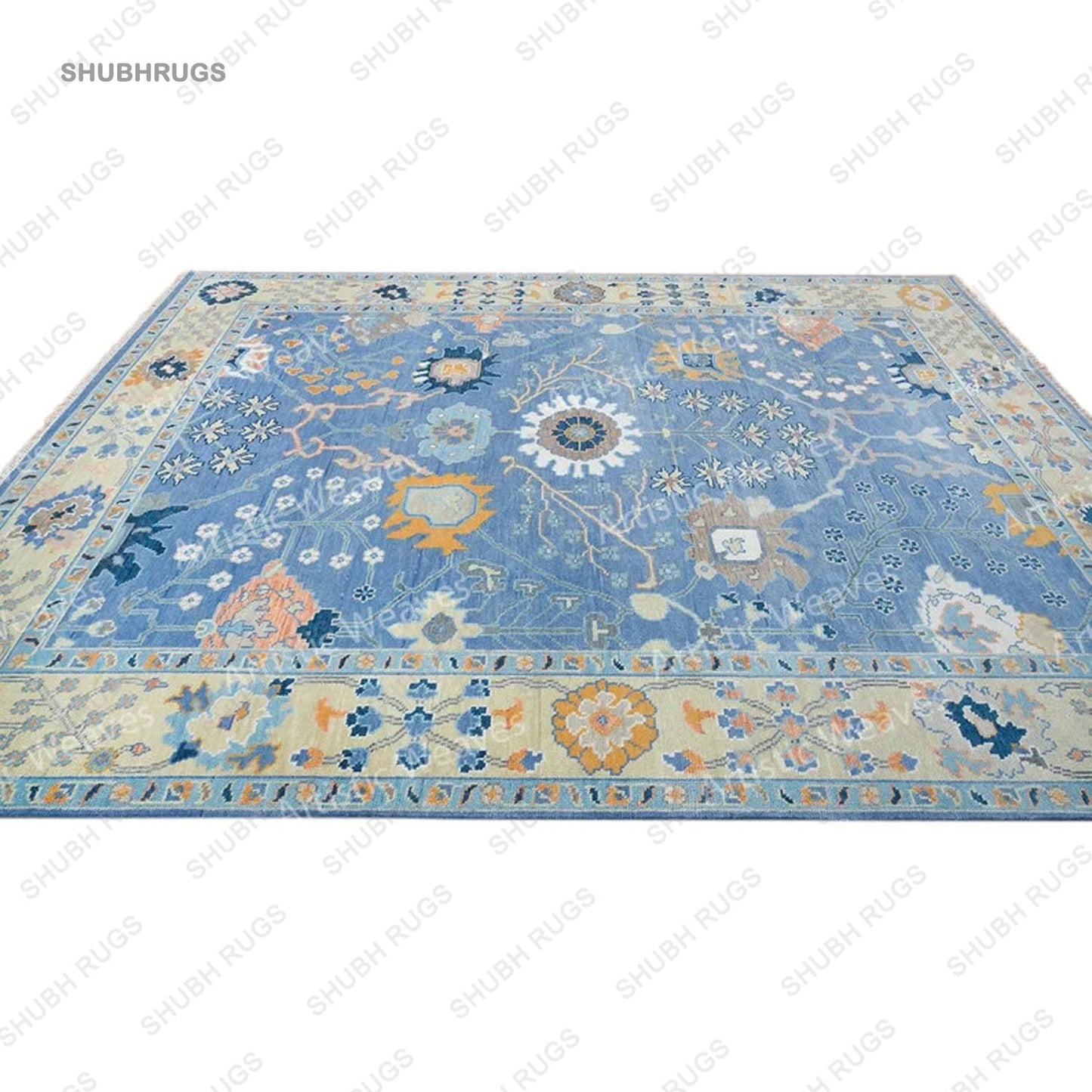 Blue Oushak Rug, Lemon & Orange Accent Turkish Rug, Ivory Area Rug For Living Room: Southern Charm Wool Rug
