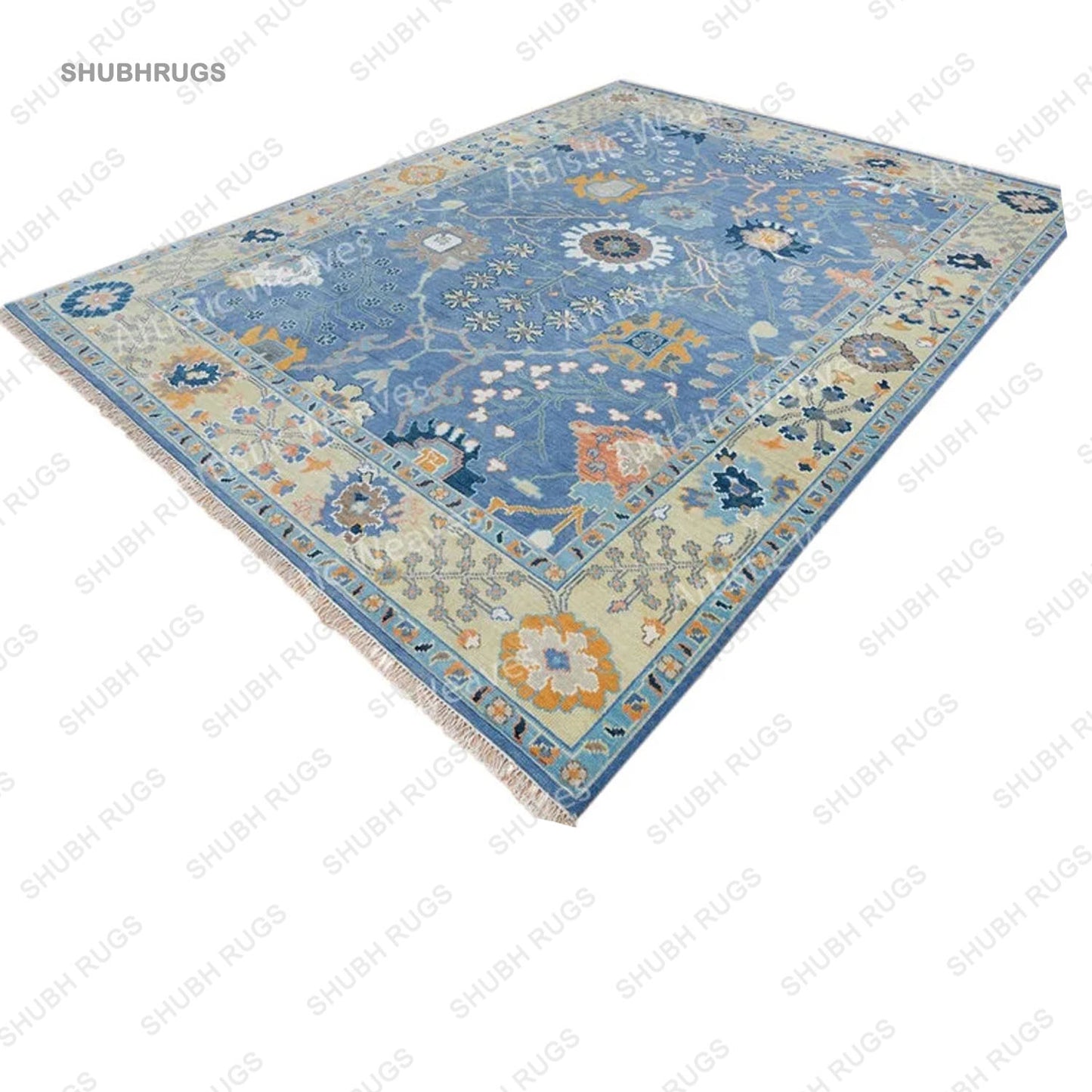 Blue Oushak Rug, Lemon & Orange Accent Turkish Rug, Ivory Area Rug For Living Room: Southern Charm Wool Rug