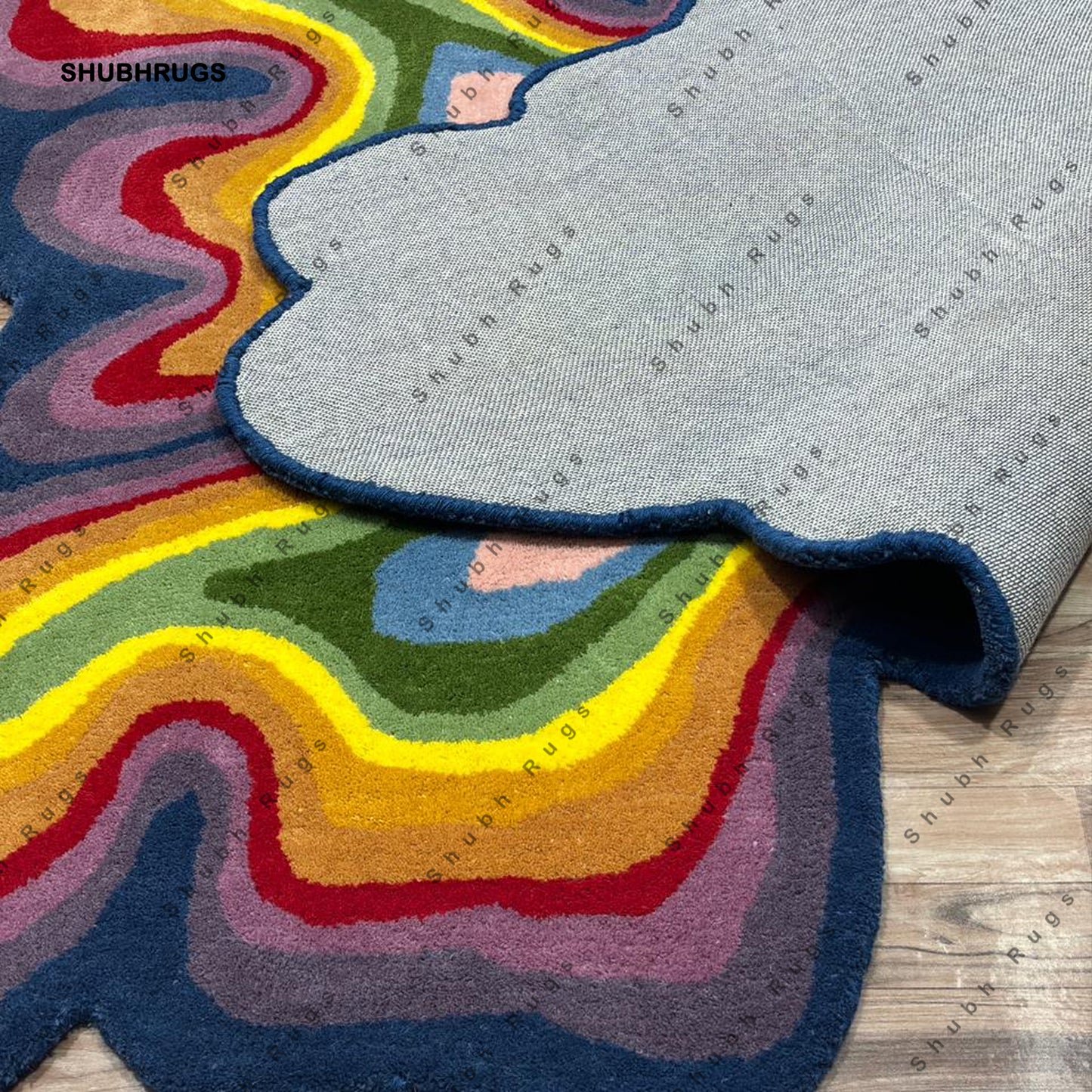 Irregular Shaped Illusion Throw Rug Hand-Tufted Wool Handmade Area Rug Carpet for Home, Bedroom, Living Room, Kids Room Psychedelic Color