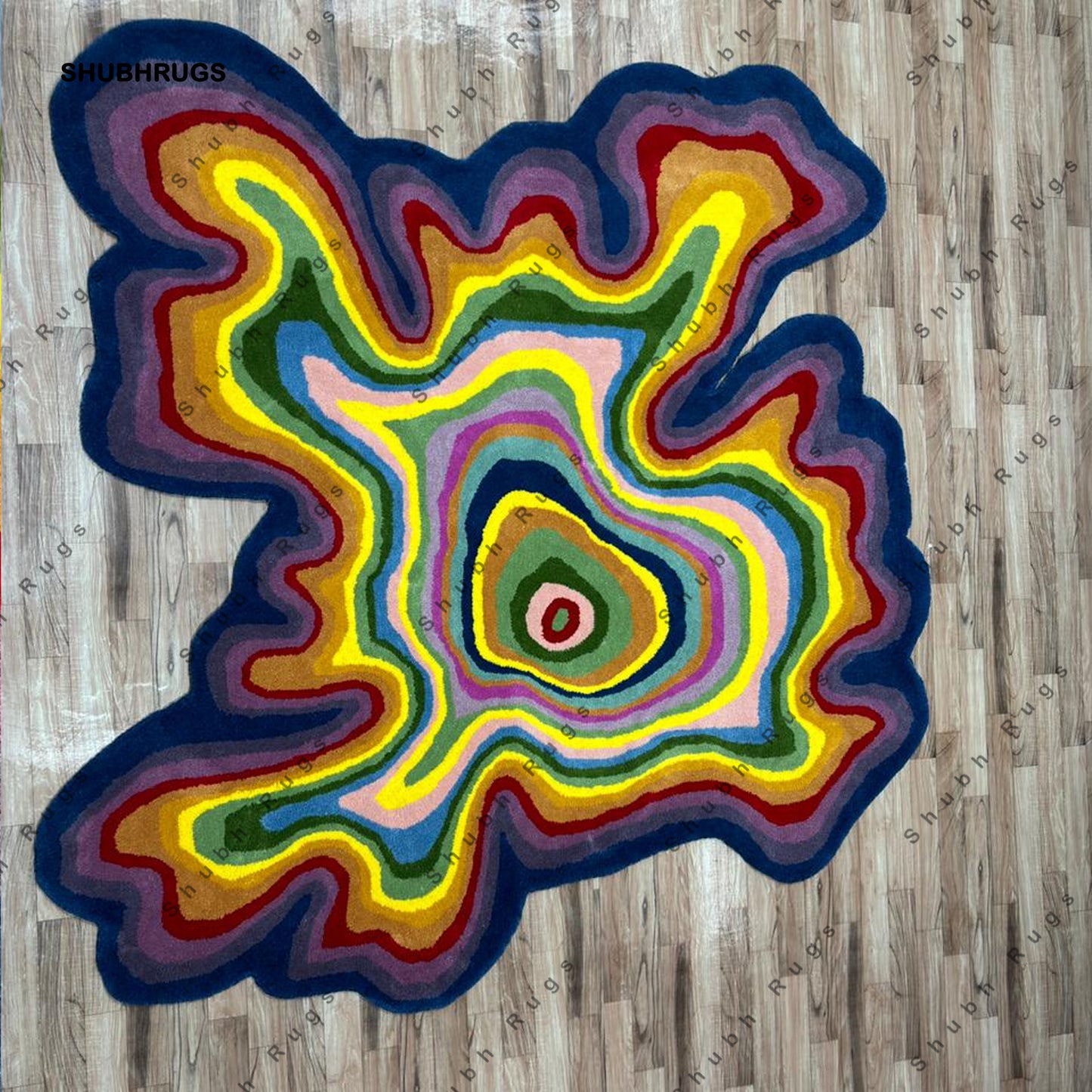 Irregular Shaped Illusion Throw Rug Hand-Tufted Wool Handmade Area Rug Carpet for Home, Bedroom, Living Room, Kids Room Psychedelic Color