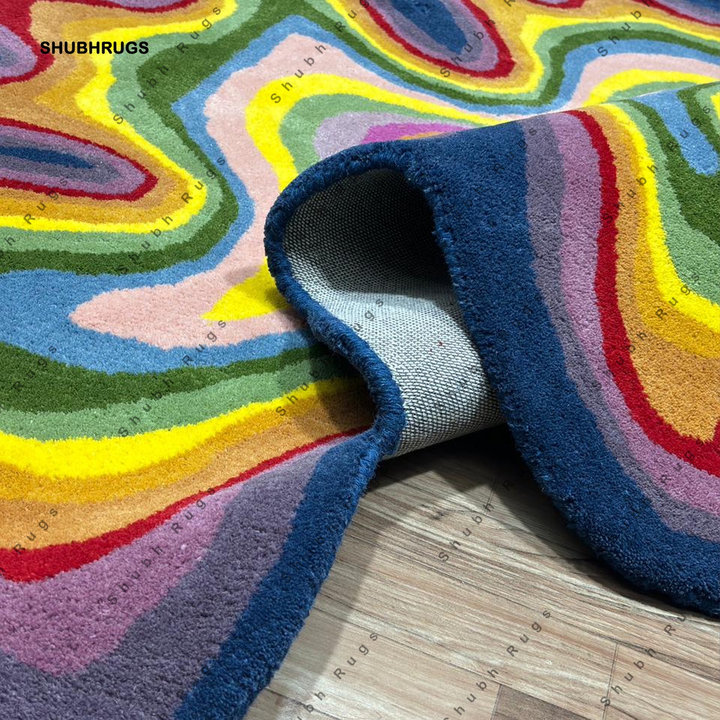 Irregular Shaped Illusion Throw Rug Hand-Tufted Wool Handmade Area Rug Carpet for Home, Bedroom, Living Room, Kids Room Psychedelic Color
