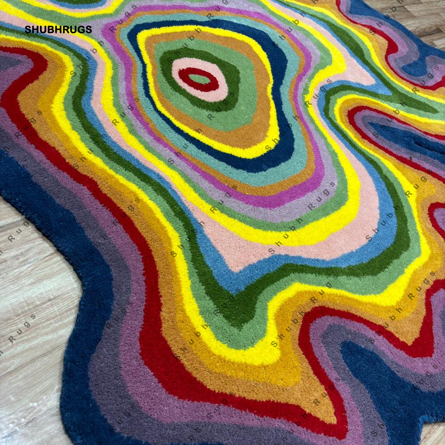 Irregular Shaped Illusion Throw Rug Hand-Tufted Wool Handmade Area Rug Carpet for Home, Bedroom, Living Room, Kids Room Psychedelic Color