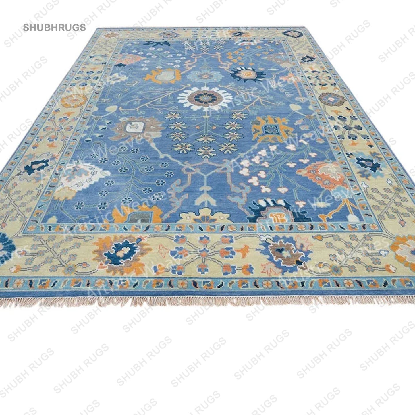 Blue Oushak Rug, Lemon & Orange Accent Turkish Rug, Ivory Area Rug For Living Room: Southern Charm Wool Rug