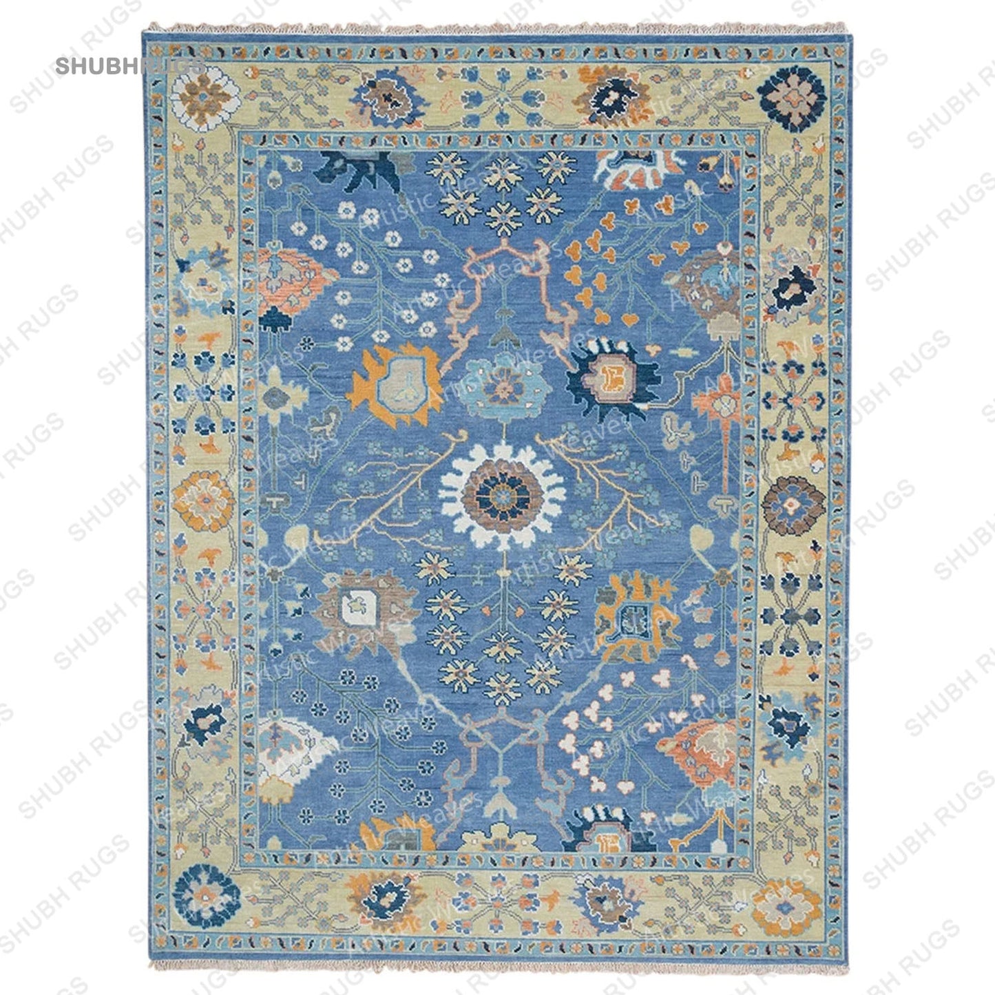 Blue Oushak Rug, Lemon & Orange Accent Turkish Rug, Ivory Area Rug For Living Room: Southern Charm Wool Rug