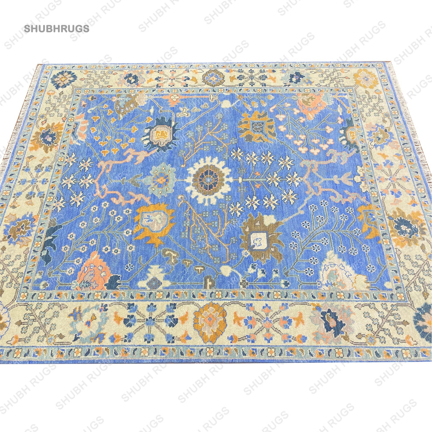 Blue Oushak Rug, Lemon & Orange Accent Turkish Rug, Ivory Area Rug For Living Room: Southern Charm Wool Rug