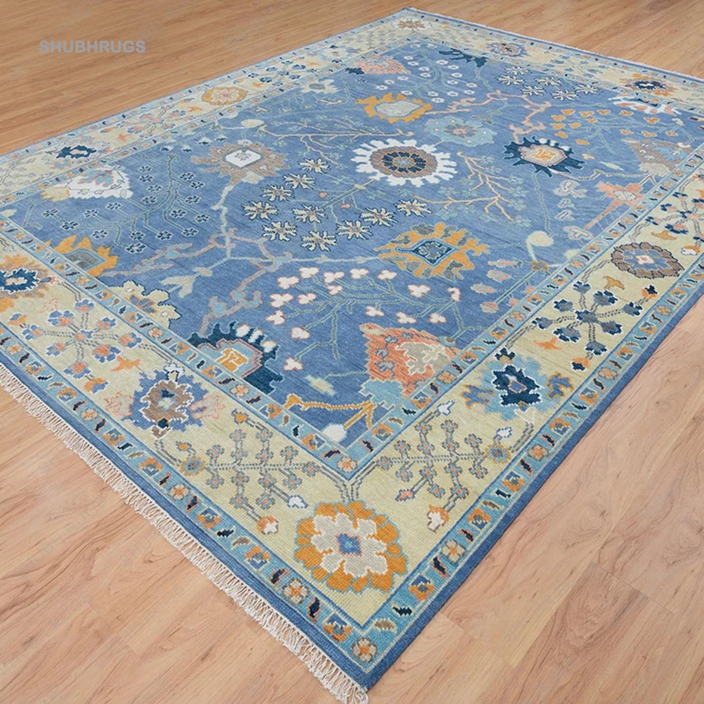 Blue Oushak Rug, Lemon & Orange Accent Turkish Rug, Ivory Area Rug For Living Room: Southern Charm Wool Rug