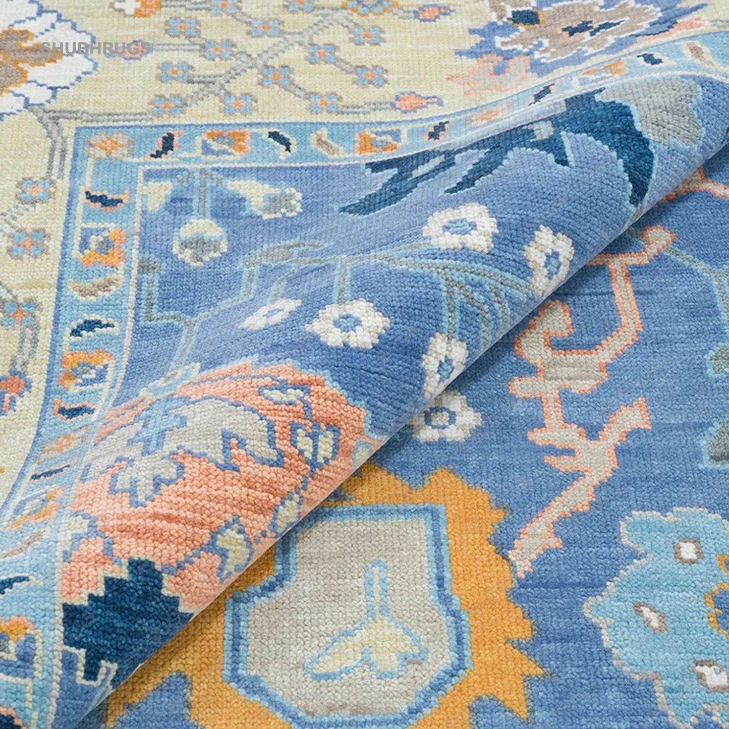 Blue Oushak Rug, Lemon & Orange Accent Turkish Rug, Ivory Area Rug For Living Room: Southern Charm Wool Rug