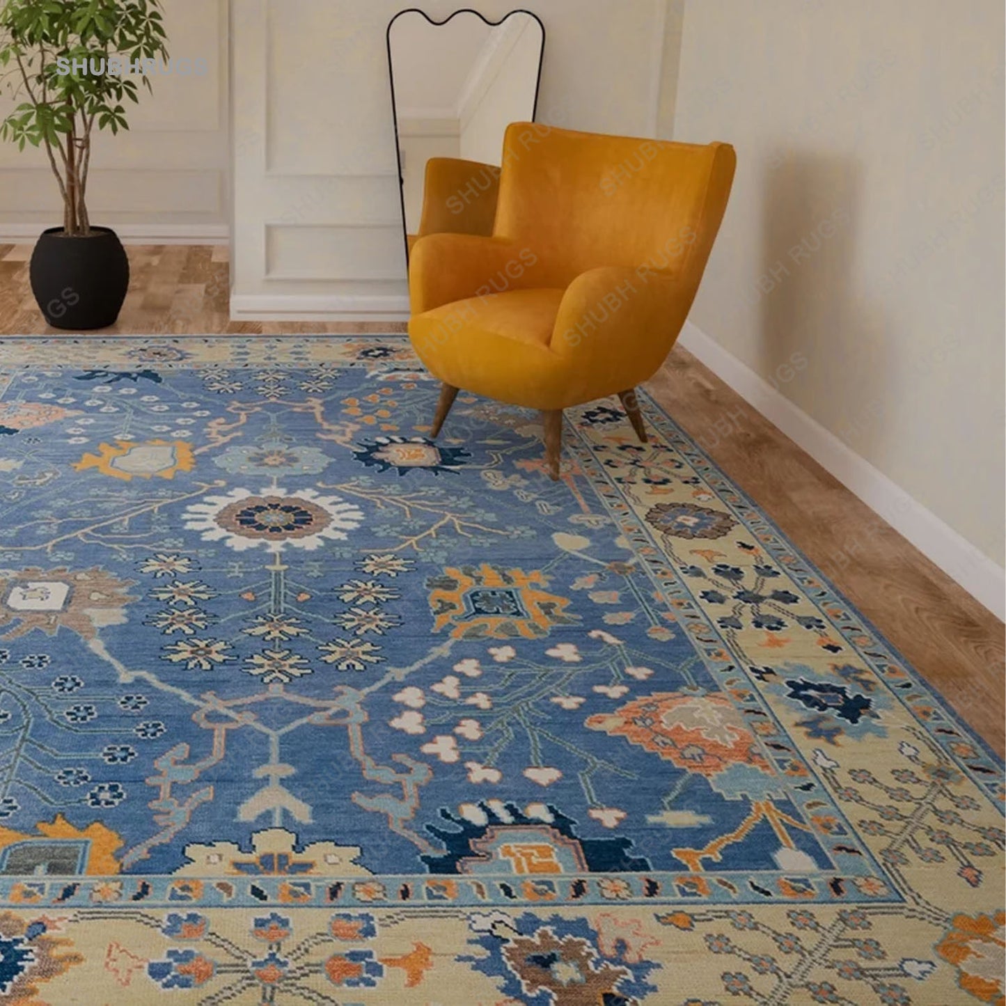 Blue Oushak Rug, Lemon & Orange Accent Turkish Rug, Ivory Area Rug For Living Room: Southern Charm Wool Rug