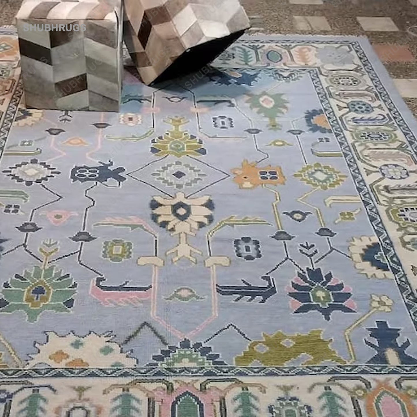Hand Knotted In Sky Blue & Green Beautiful Turkish Rugs For bedroom Retro Multi Size Wool Area, luxury Rug