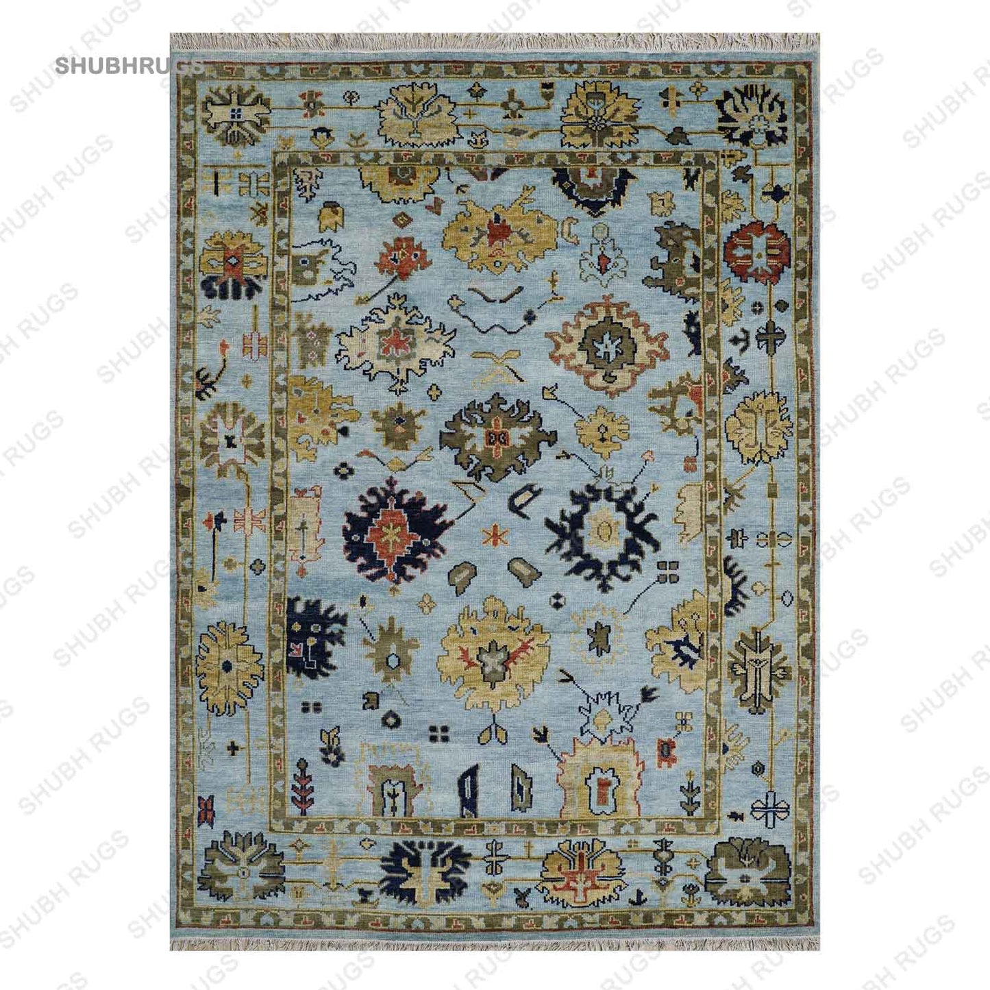 Hand Knotted Oushak Fine Wool Oriental Area Rug In Blue