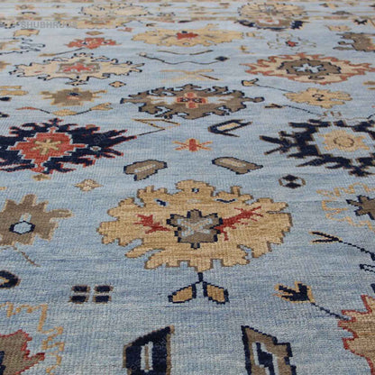 Hand Knotted Oushak Fine Wool Oriental Area Rug In Blue