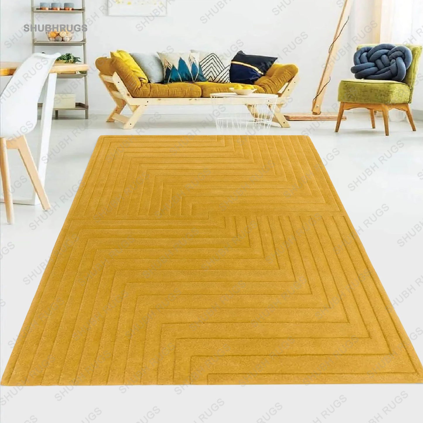 Arches Cut-Pile Mustard Color  Hand-Tufted 100% Wool Handmade Area Rug Carpet For Home, Bedroom, Living Room, Dining Room, Kitchen