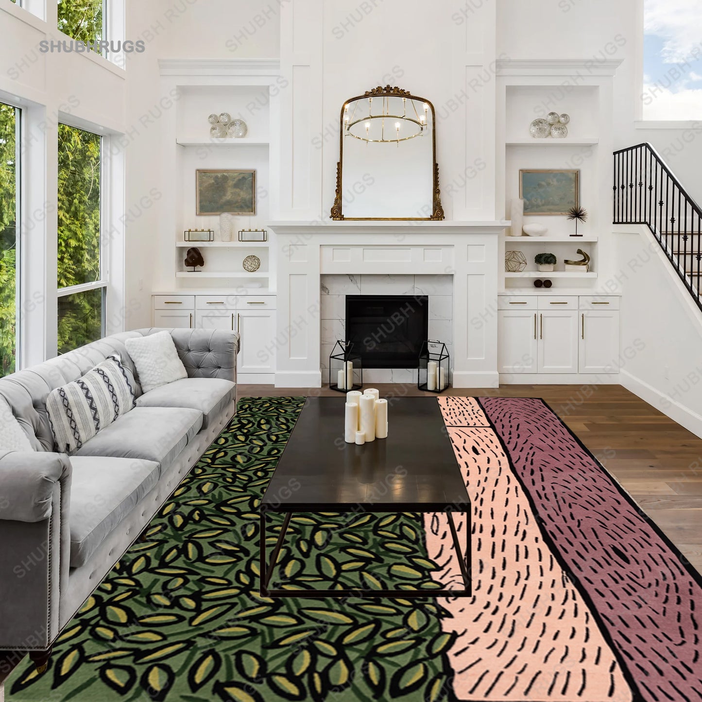 Exquisite Handmade Rug, Featuring a Pink and Green Floral Design, Expertly Hand-Knotted