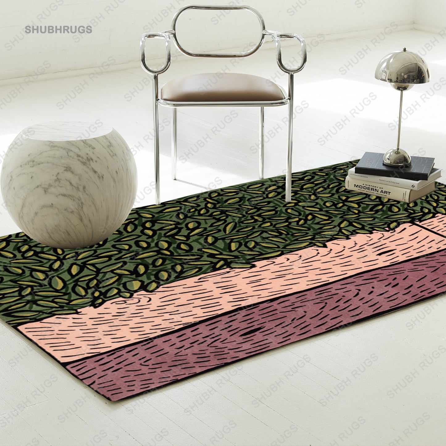 Exquisite Handmade Rug, Featuring a Pink and Green Floral Design, Expertly Hand-Knotted