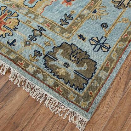 Hand Knotted Oushak Fine Wool Oriental Area Rug In Blue