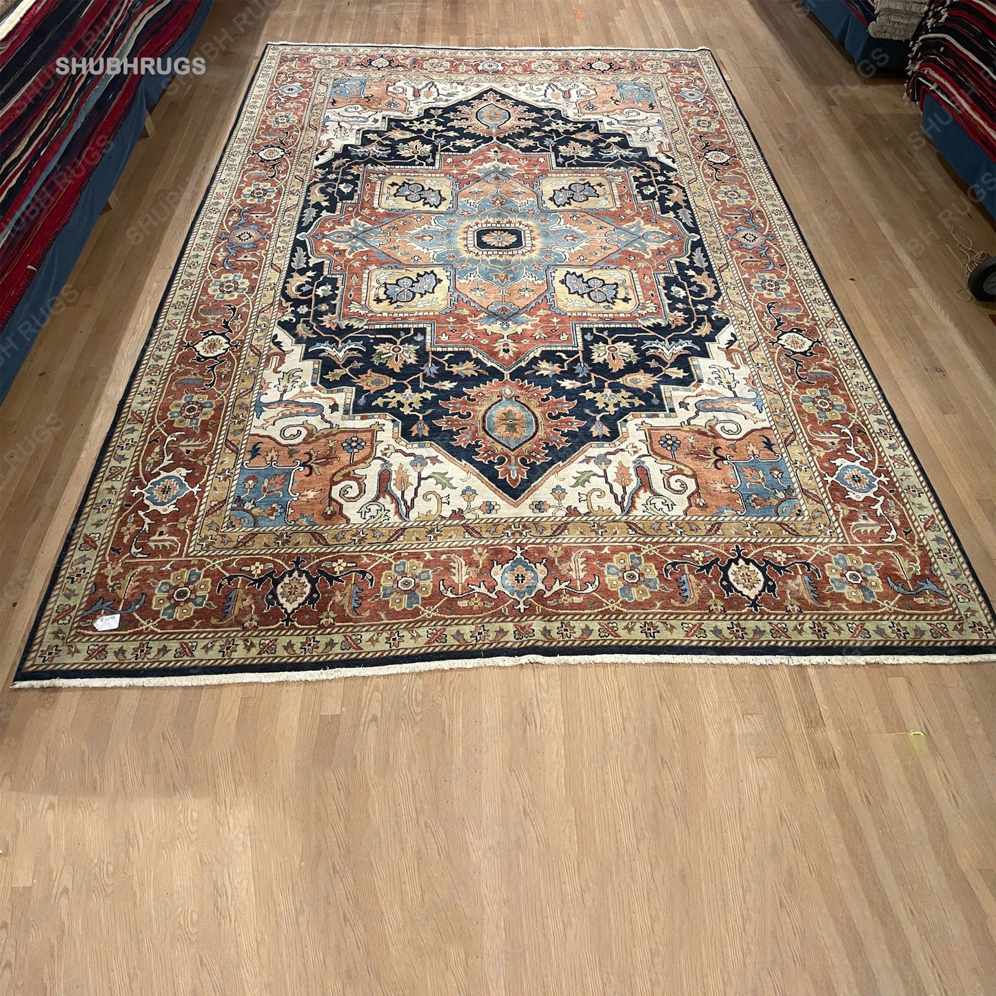 Vintage Indo Heriz Area Rug, Indo Persian Carpet, Red Dark Blue & Beige/Cream Indian Rug, Decorative Pattern, Wool, Hand-Knotted