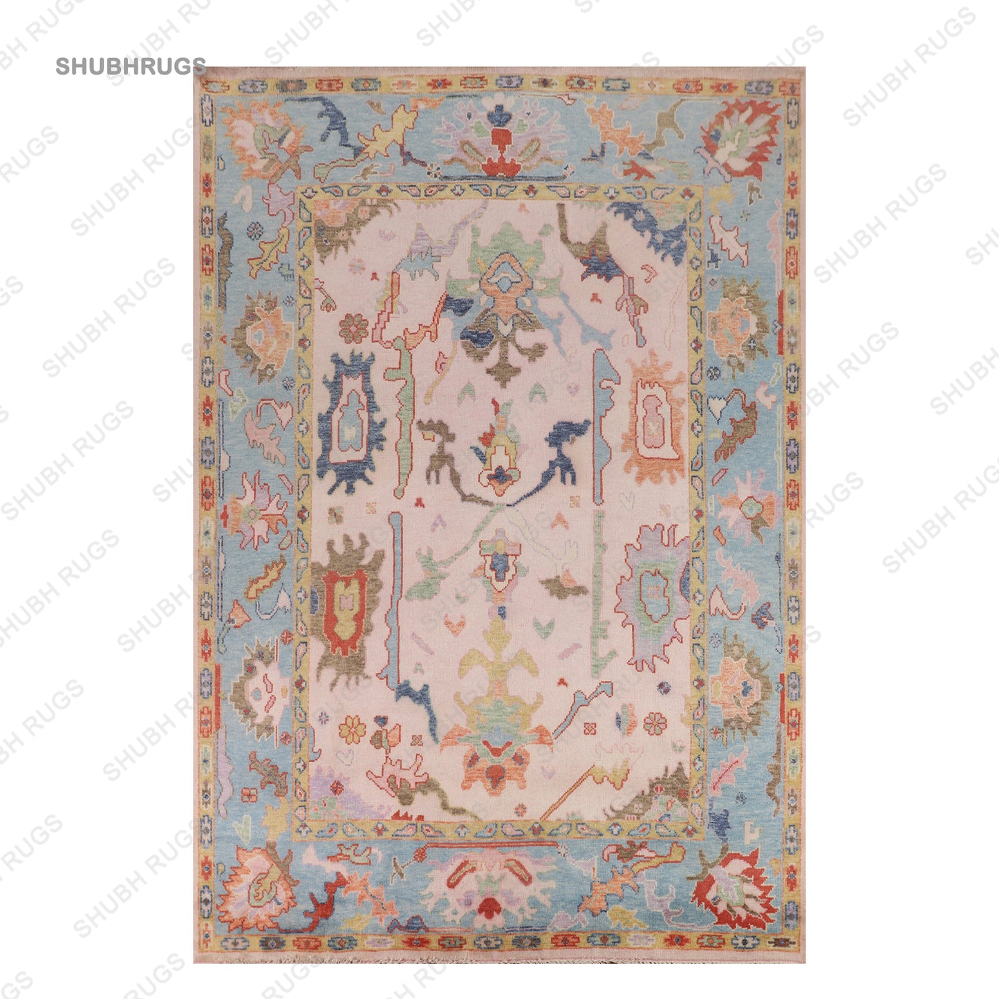 Light Pink & Blue Oushak Oriental Area Rug