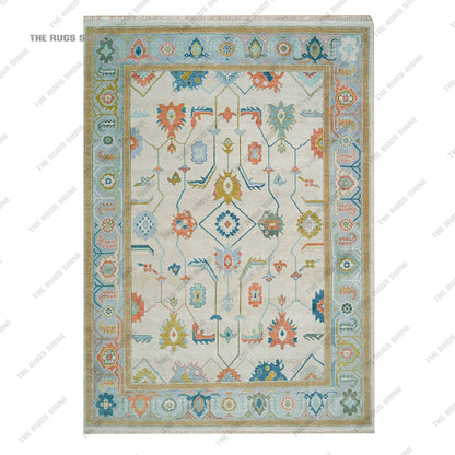 Colorful Oushak Rug| Beige, Blue & Orange Wool Rug With A Beautiful Pattern, Modern Living Room Rug