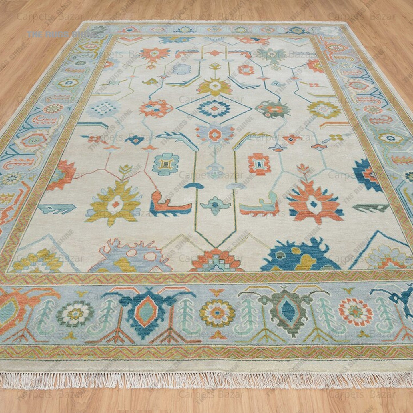 Colorful Oushak Rug| Beige, Blue & Orange Wool Rug With A Beautiful Pattern, Modern Living Room Rug