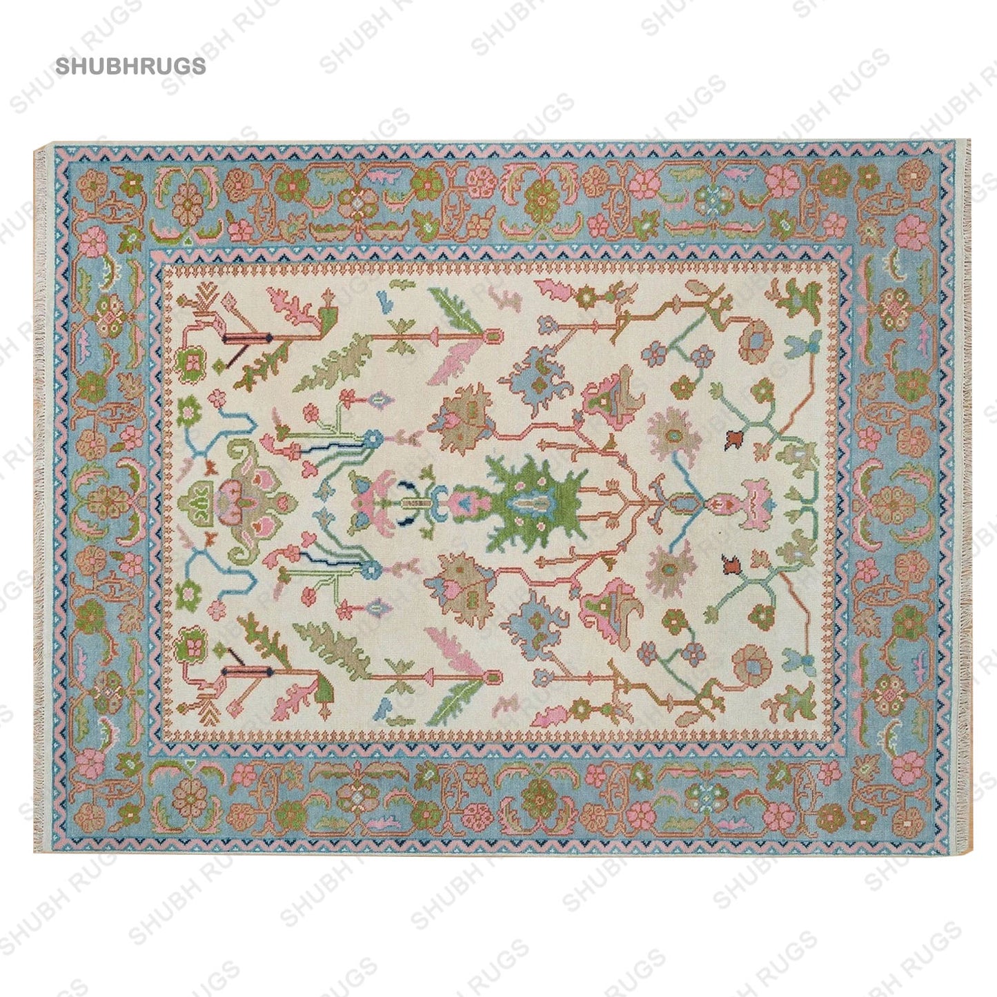 Light Blue Oushak Rug, Colorful Wool Rug With Beige, Pink, Orange & Accents, Hand-knotted Modern Rug: Lone Star Luxe Area Rug AR