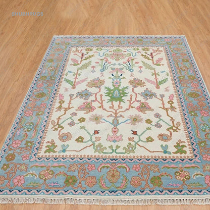 Light Blue Oushak Rug, Colorful Wool Rug With Beige, Pink, Orange & Accents, Hand-knotted Modern Rug: Lone Star Luxe Area Rug AR