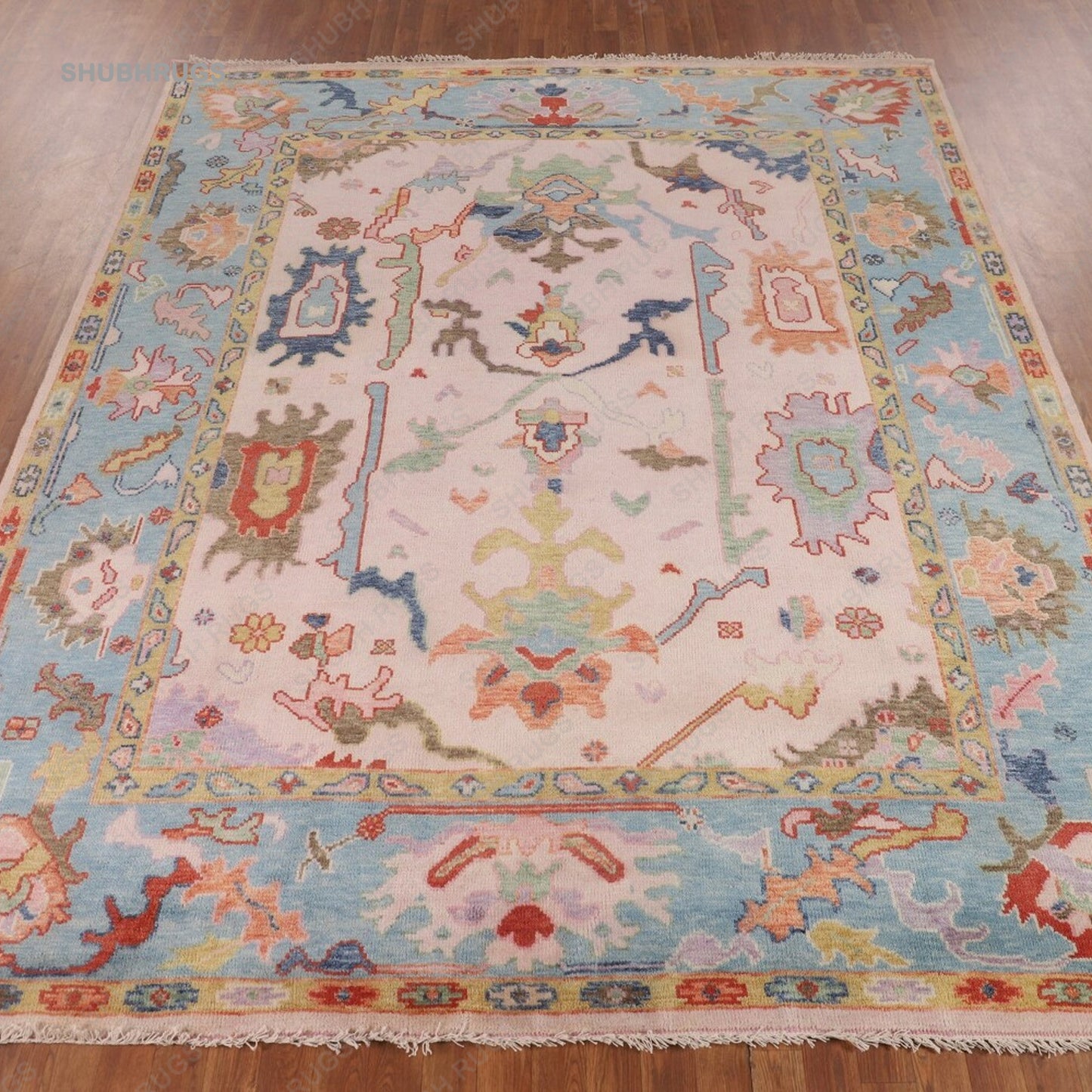 Light Pink & Blue Oushak Oriental Area Rug