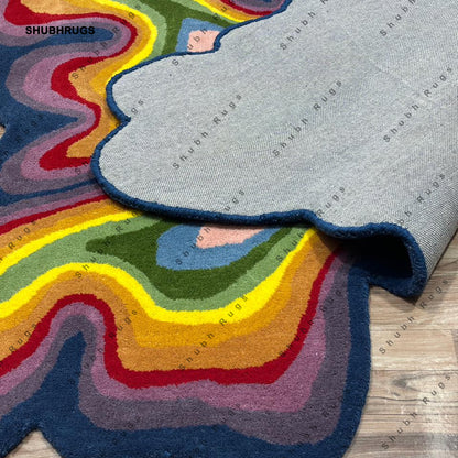 Irregular Shaped Illusion Throw Rug Hand-Tufted Wool Handmade Area Rug Carpet for Home, Bedroom, Living Room, Kids Room Psychedelic Color