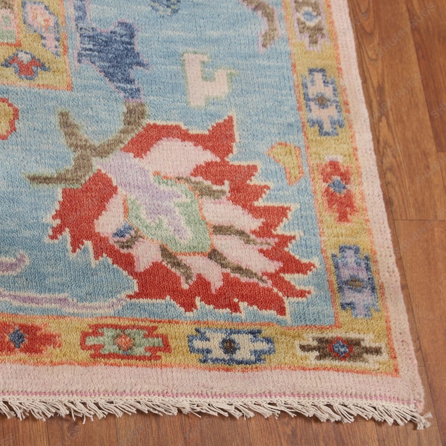 Light Pink & Blue Oushak Oriental Area Rug