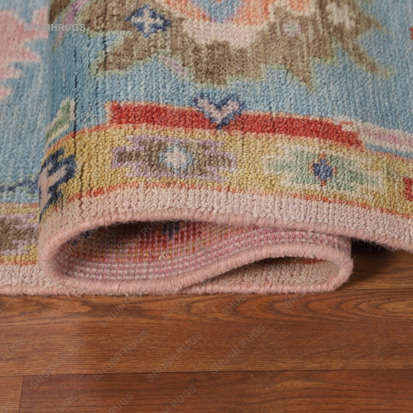 Light Pink & Blue Oushak Oriental Area Rug