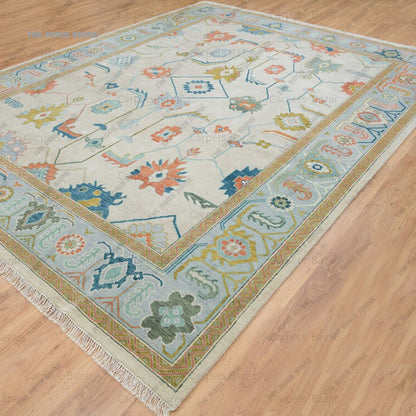 Colorful Oushak Rug| Beige, Blue & Orange Wool Rug With A Beautiful Pattern, Modern Living Room Rug