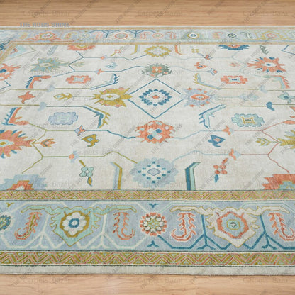 Colorful Oushak Rug| Beige, Blue & Orange Wool Rug With A Beautiful Pattern, Modern Living Room Rug