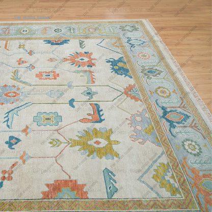 Colorful Oushak Rug| Beige, Blue & Orange Wool Rug With A Beautiful Pattern, Modern Living Room Rug