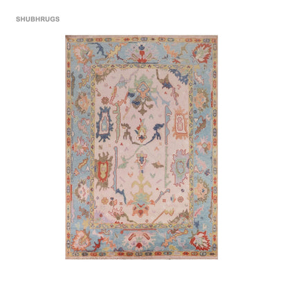 Light Pink & Blue Oushak Oriental Area Rug