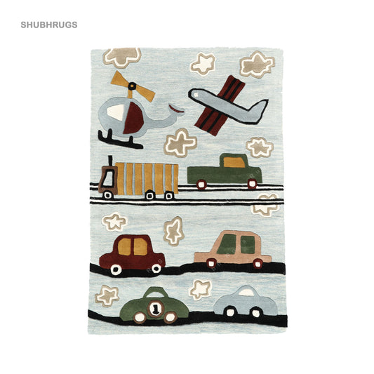 Cars Handtufted - Light Blue Wool -Rug