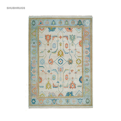 Colorful Oushak Rug| Beige, Blue & Orange Wool Rug With A Beautiful Pattern, Modern Living Room Rug