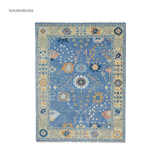 Blue Oushak Rug, Lemon & Orange Accent Turkish Rug, Ivory Area Rug For Living Room: Southern Charm Wool Rug