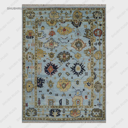 Hand Knotted Oushak Fine Wool Oriental Area Rug In Blue